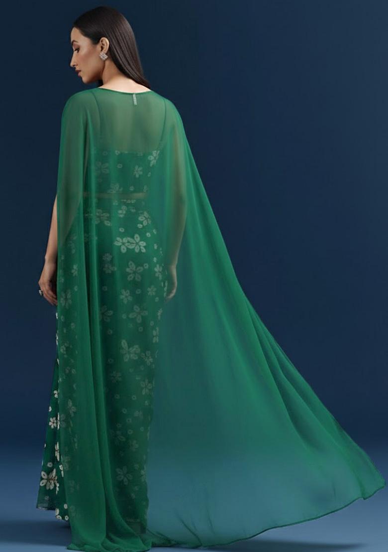 Green Embroidered Velvet Fusion Set - Indya