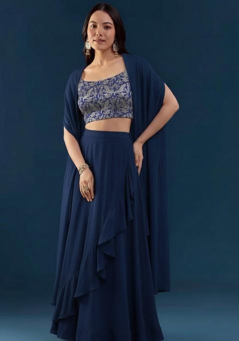 Navy Blue Jacquard Silk Fusion Set