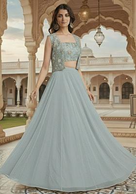 Ice Blue Embroidered georgette Lehenga Set
