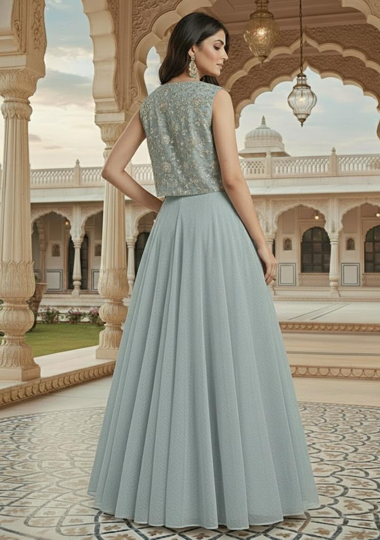 Ice Blue Embroidered georgette Lehenga Set - Indya