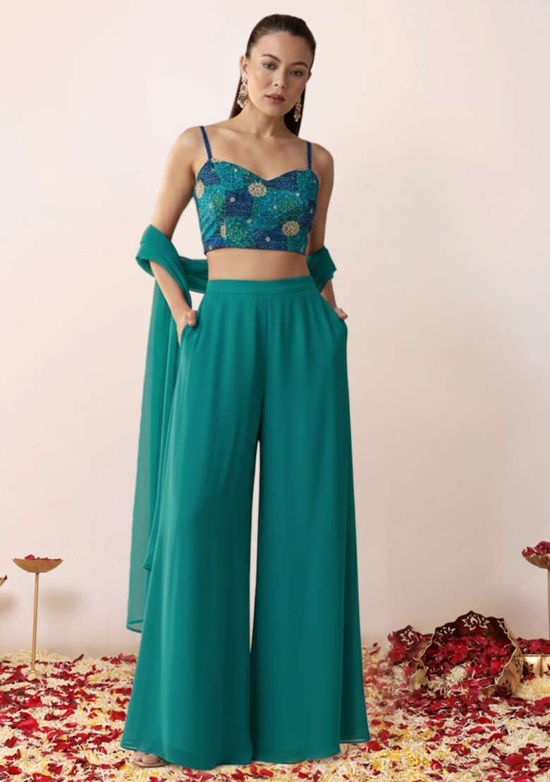 Teal Green Crepe Fusion Set with Bandhani Print for Diwali | Wedding & Festive Wear - Indya