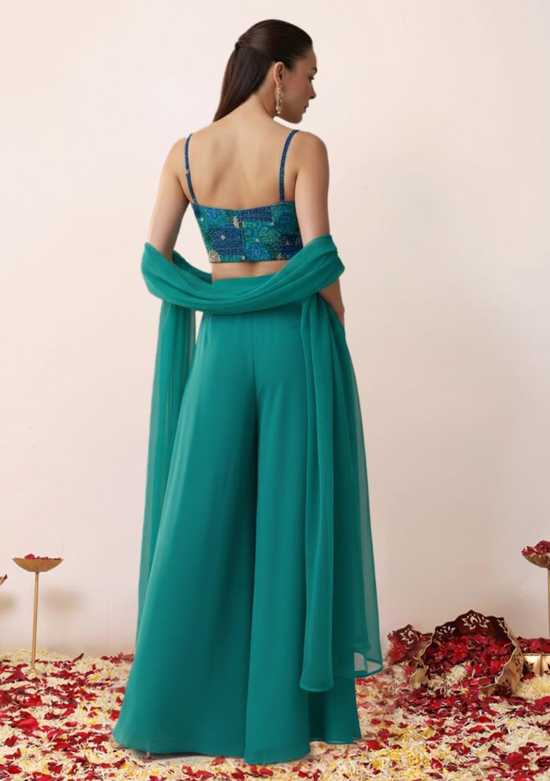 Teal Green Bandhani Print Crepe Fusion Set - Indya