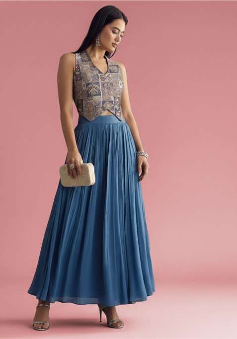 Blue Silk Fusion Set for Diwali and Festive Wear