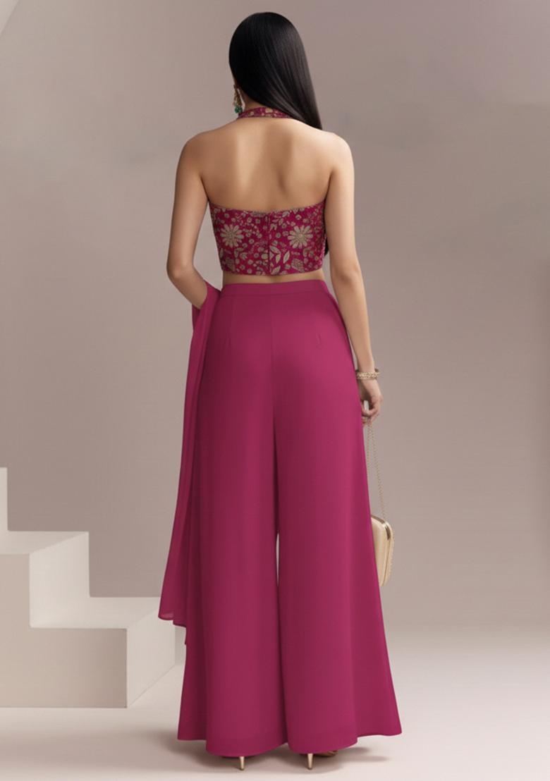 Rani Pink Floral Print Crepe Fusion Set - Indya