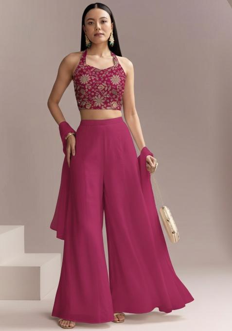 Rani Pink Floral Print Crepe Fusion Set