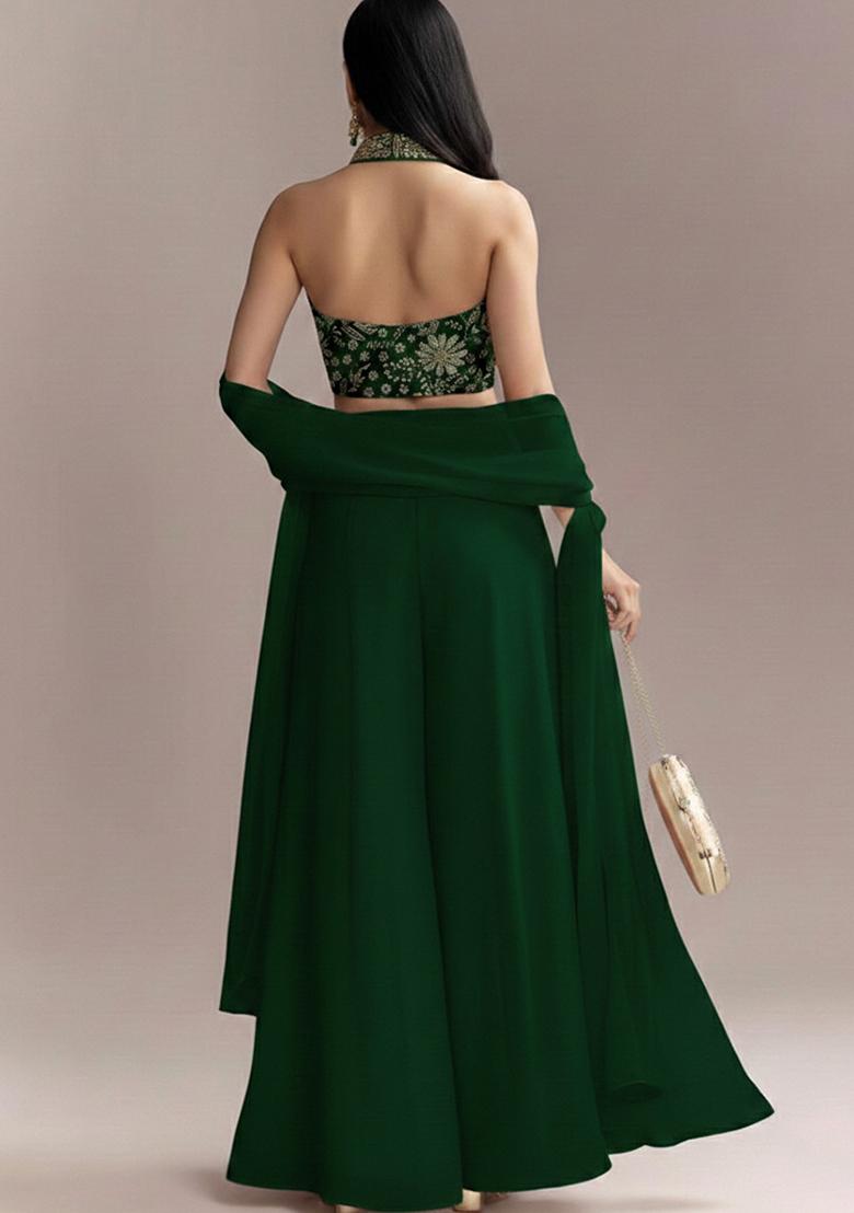 Green Floral Print Crepe Fusion Set - Indya