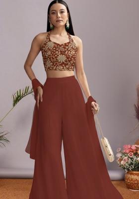 Brown Floral Print Crepe Fusion Set