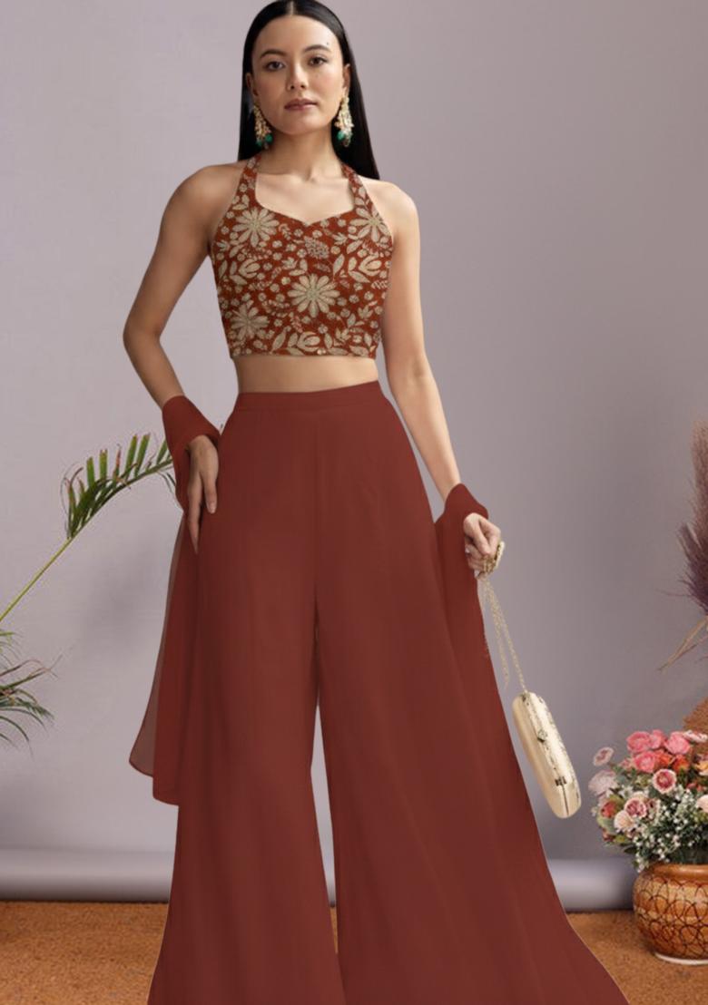 Brown Floral Print Crepe Fusion Set - Indya