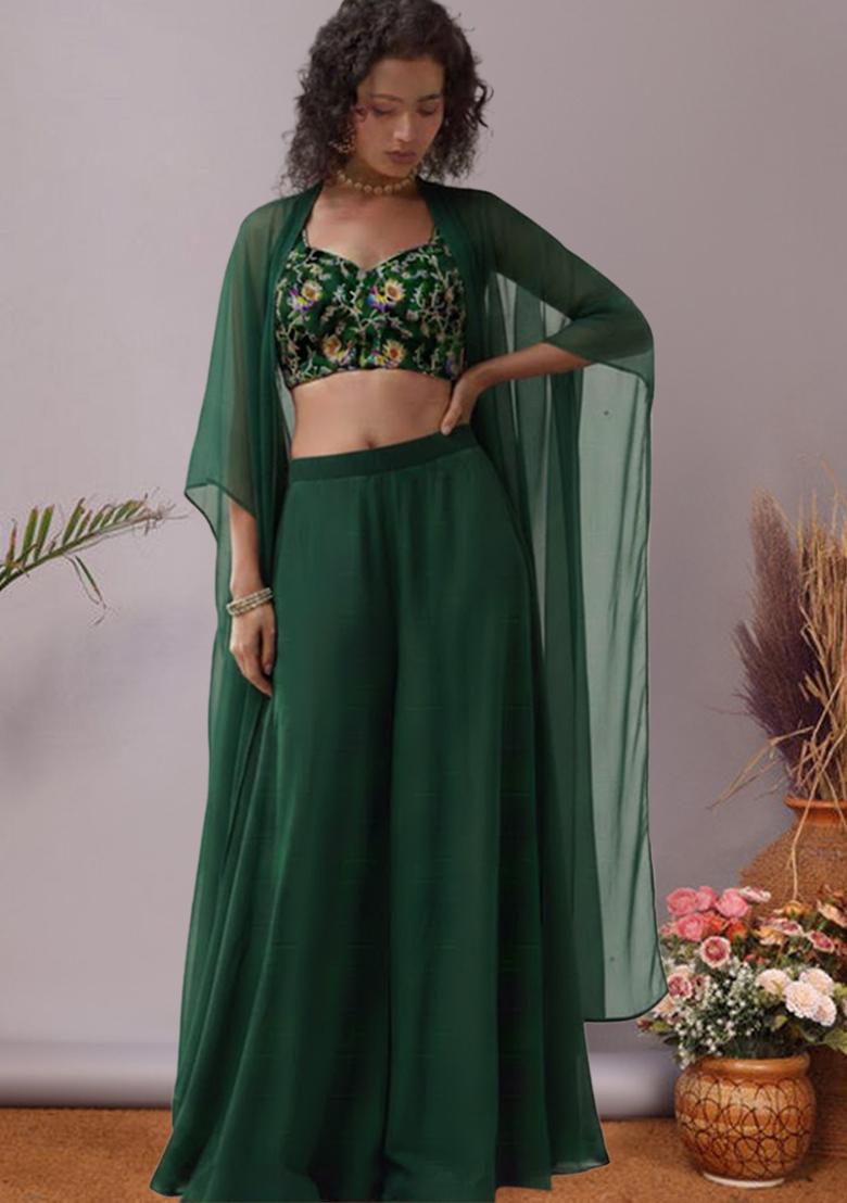 Green Figure Print Crepe Fusion Set - Indya