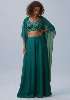 Deep Teal Figure Print Crepe Fusion Set