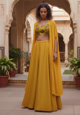 Mustard Yellow Figure Print Crepe Fusion Set