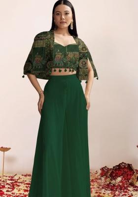 Bottle Green Abstract Print Crepe Fusion Set