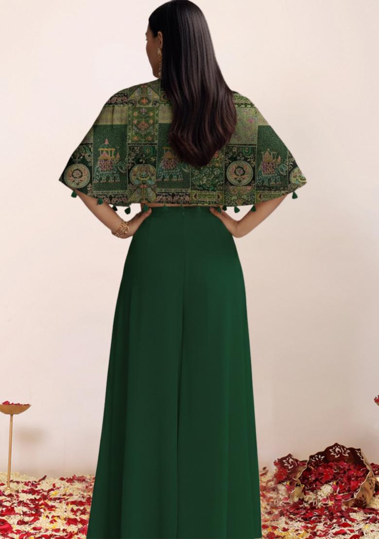 Bottle Green Abstract Print Crepe Fusion Set - Indya