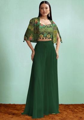 Bottle Green Abstract Print Crepe Fusion Set