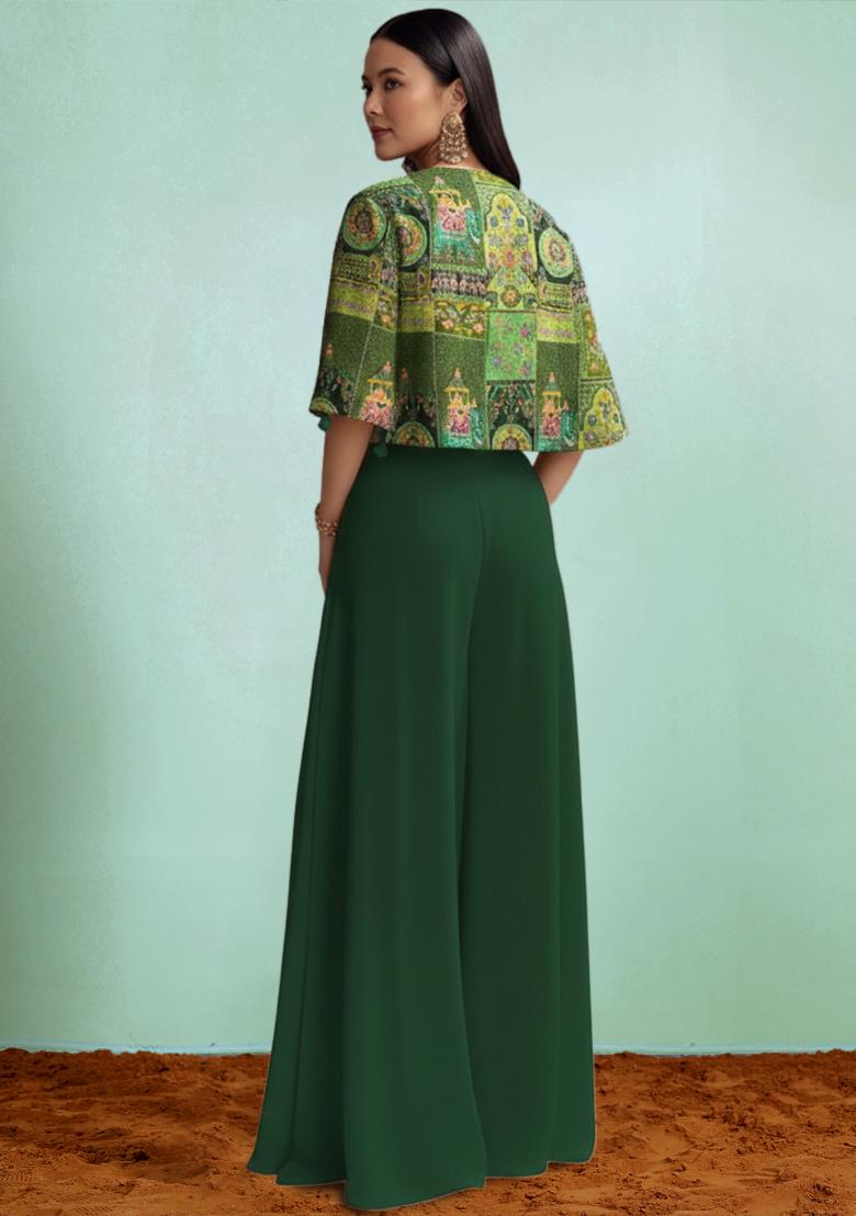 Bottle Green Abstract Print Crepe Fusion Set - Indya