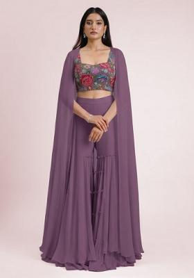 Purple Floral Print Crepe Fusion Set