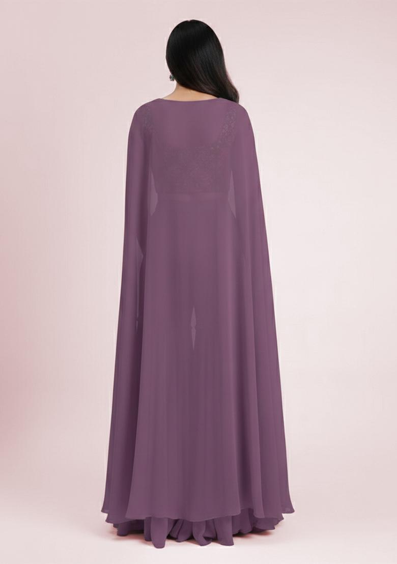 Purple Floral Print Crepe Fusion Set - Indya