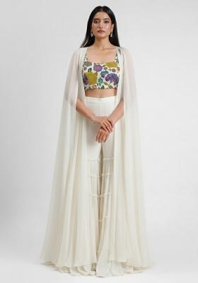 White Floral Print Crepe Fusion Set