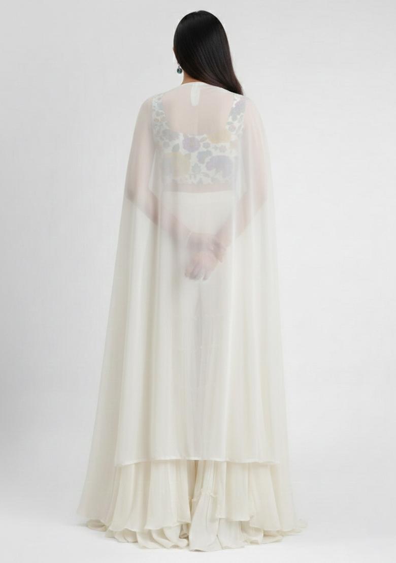 White Floral Print Crepe Fusion Set - Indya