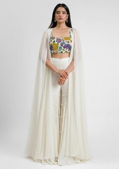 White Floral Print Crepe Fusion Set