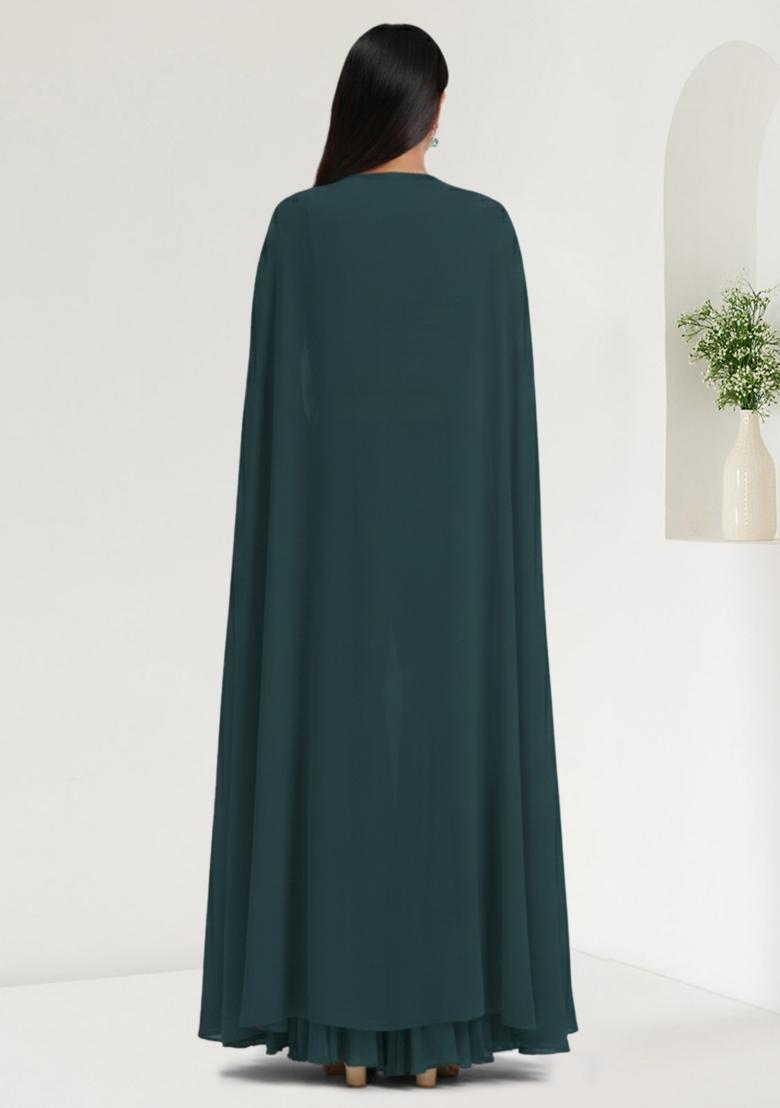 Bottle Green Figure Print Crepe Fusion Set - Indya