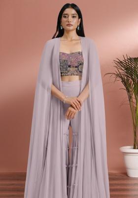 Lavender Abstract Print Crepe Fusion Set
