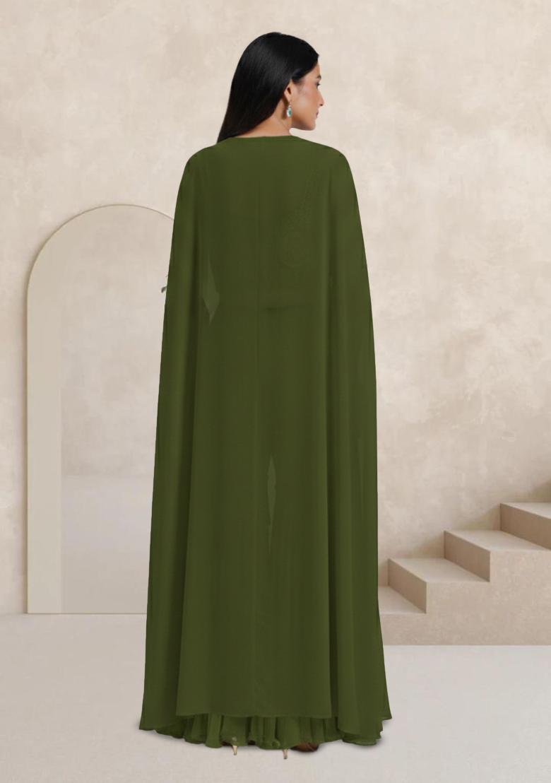 Olive Green Abstract Print Crepe Fusion Set - Indya