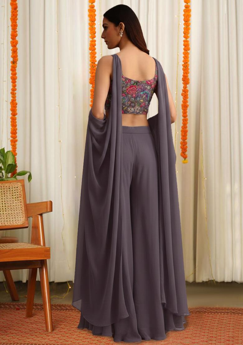 Dusty Purple Floral Print Crepe Fusion Set - Indya