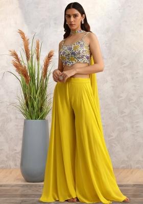 Yellow Floral Print Crepe Fusion Set