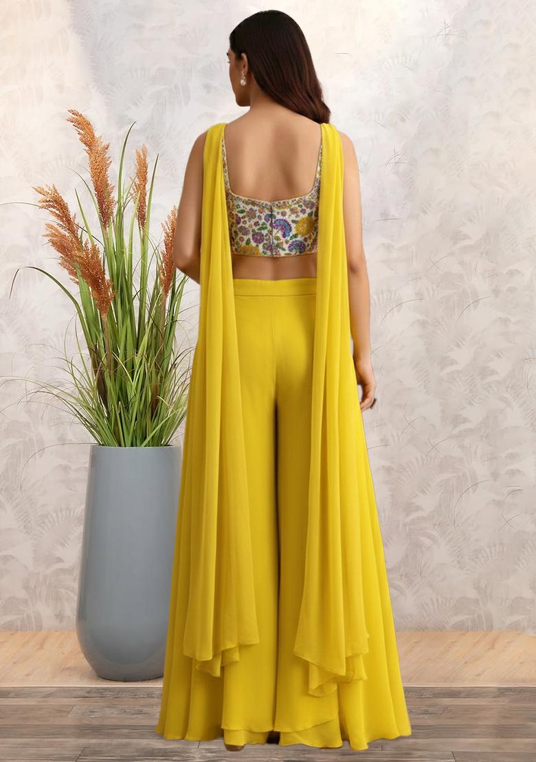 Yellow Floral Print Crepe Fusion Set - Indya