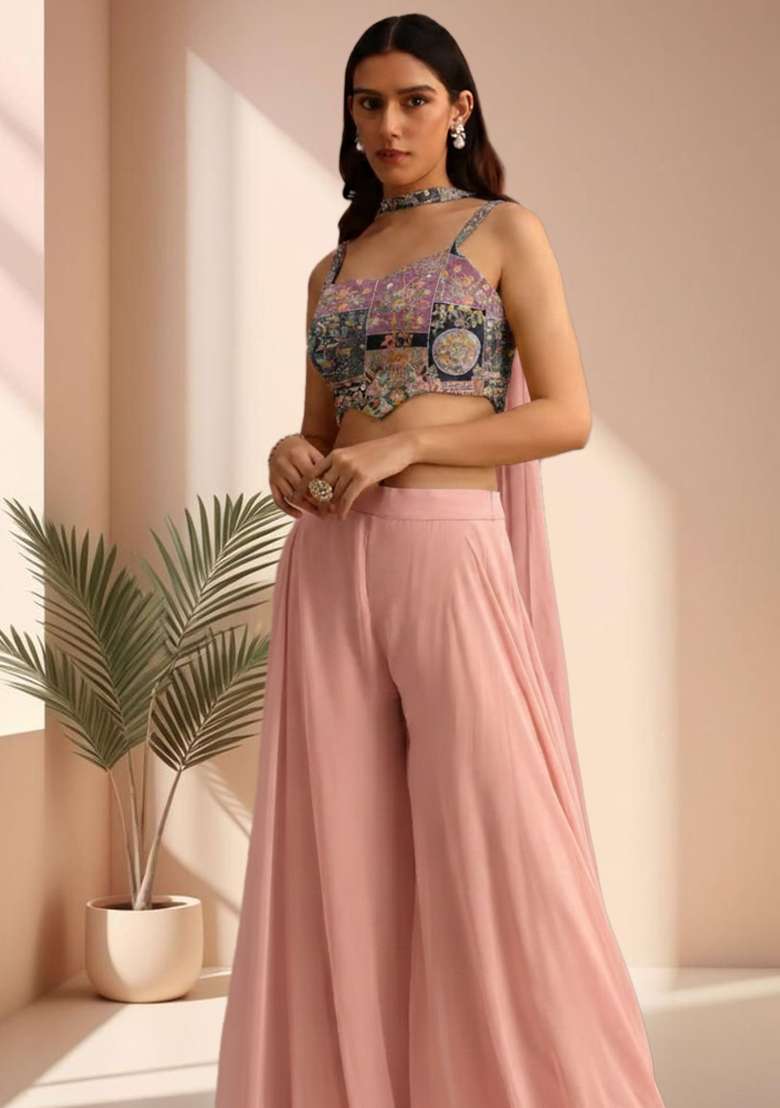 Pink Figure Print Crepe Fusion Set - Indya