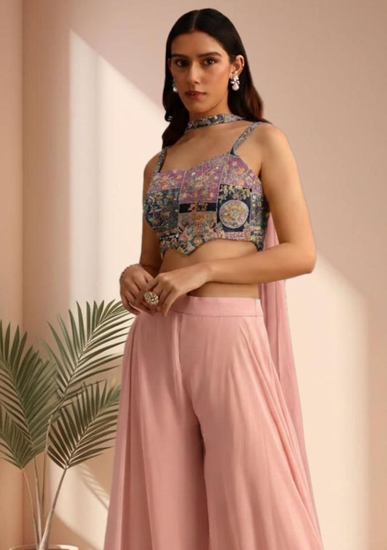 Pink Figure Print Crepe Fusion Set - Indya