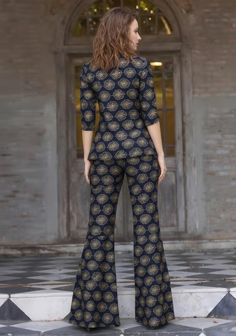 Navy Blue Sequin Silk Fusion Set - Indya