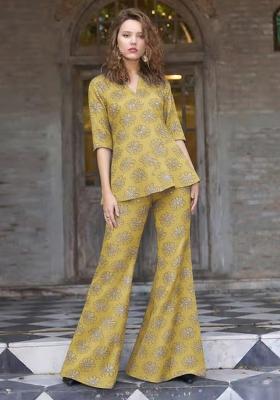 Yellow Sequin Silk Fusion Set