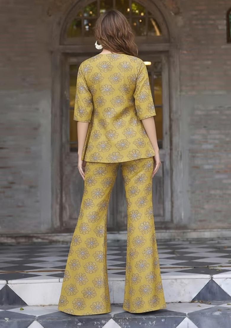 Yellow Sequin Silk Fusion Set - Indya