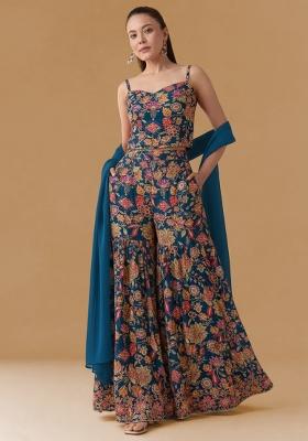 Navy Blue Floral Print Crepe Fusion Set