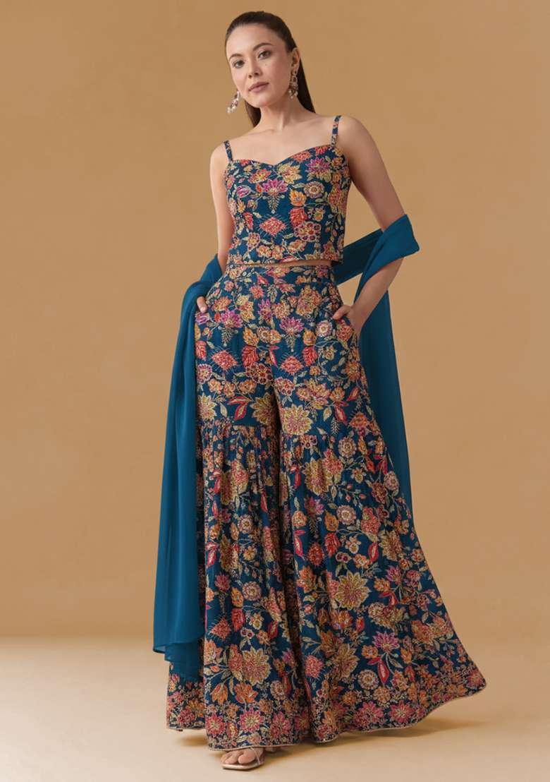 Navy Blue Floral Print Crepe Fusion Set - Indya