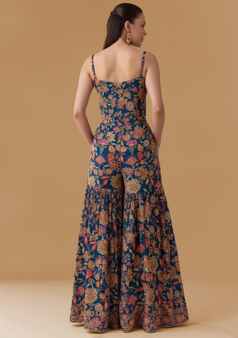 Navy Blue Floral Print Crepe Fusion Set - Indya