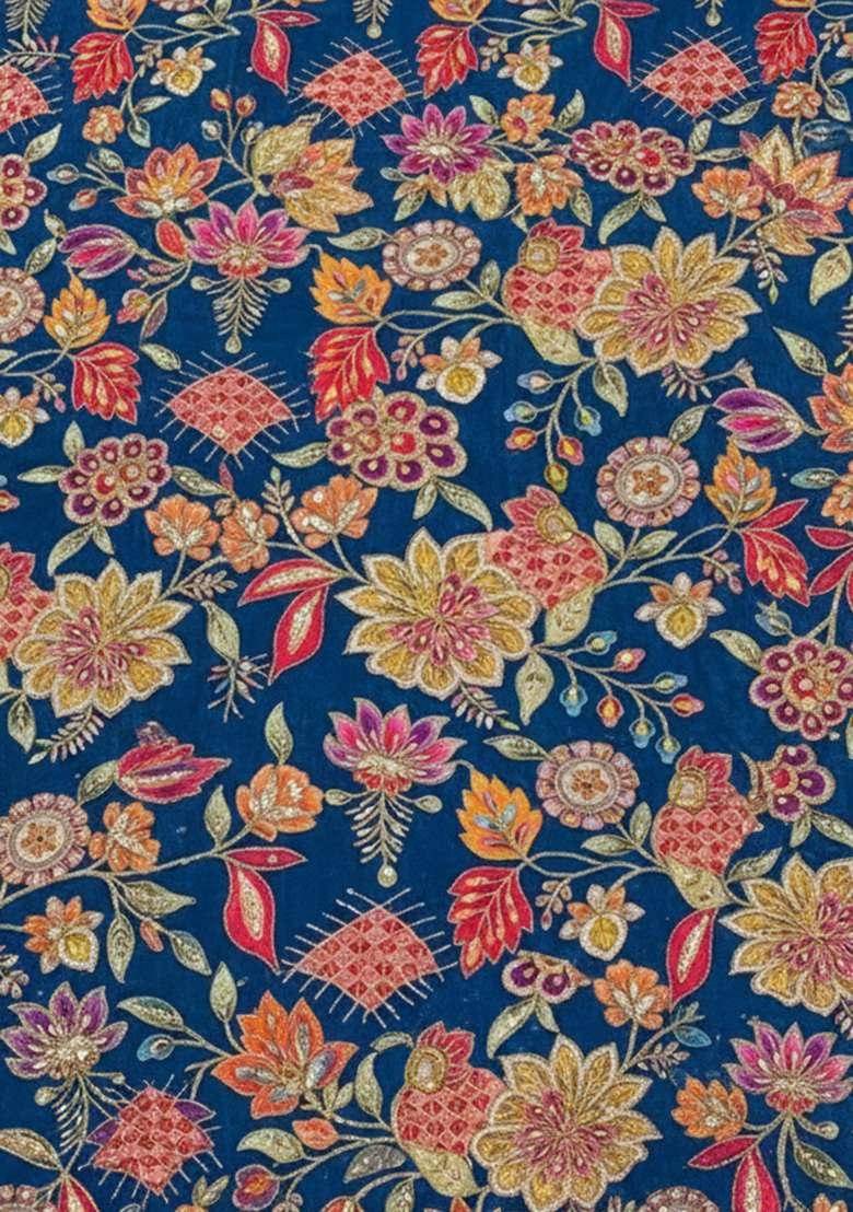 Navy Blue Floral Print Crepe Fusion Set - Indya