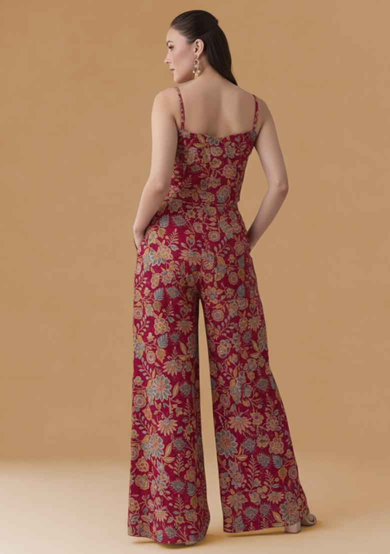 Rani Pink Floral Print Crepe Fusion Set - Indya