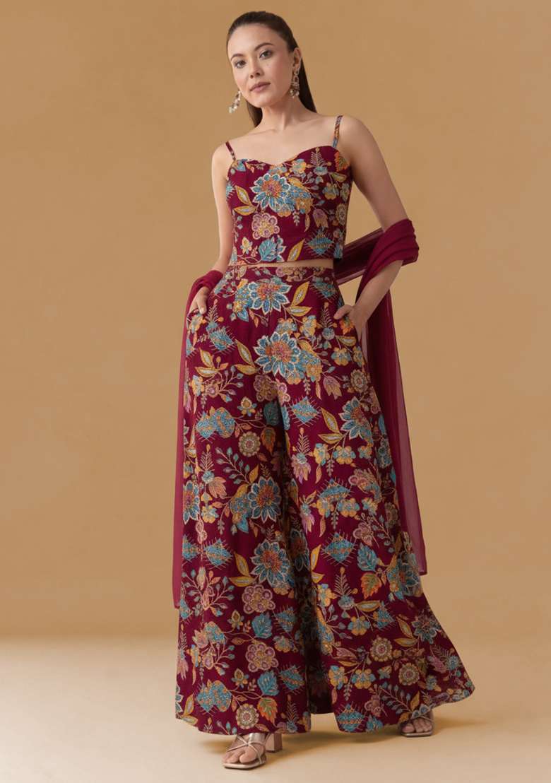 Wine Floral Print Crepe Fusion Set - Indya