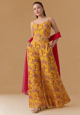 Mustard Yellow Floral Print Crepe Fusion Set