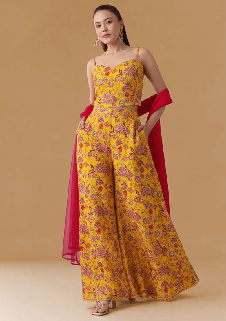 Mustard Yellow Floral Print Crepe Fusion Set - Indya