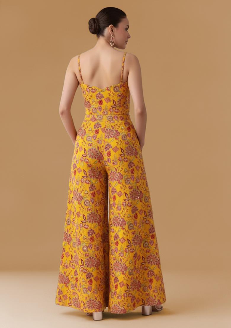 Mustard Yellow Floral Print Crepe Fusion Set - Indya