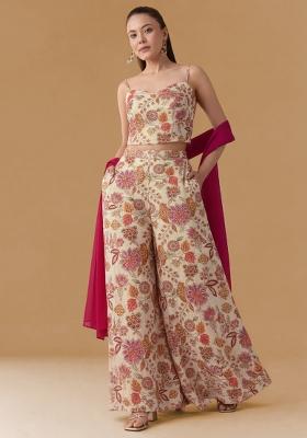 Pink Floral Print Crepe Fusion Set