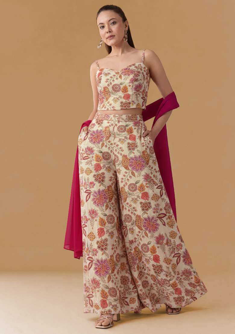 Pink Floral Print Crepe Fusion Set - Indya