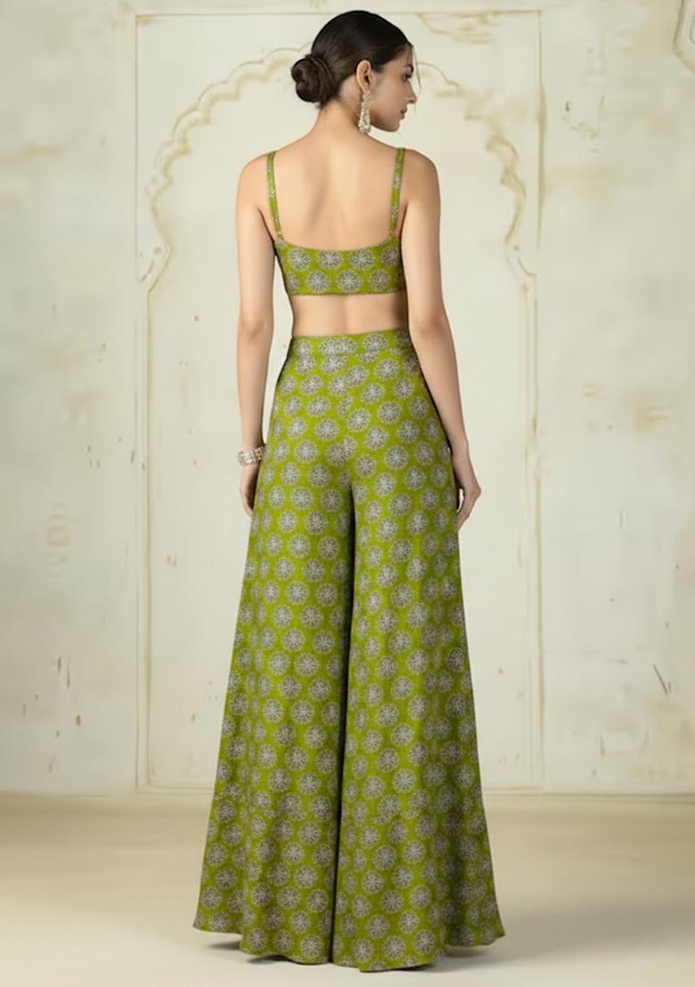 Olive Green Sequin Silk Fusion Set - Indya