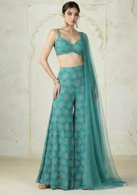 Blue Sequin Silk Fusion Set