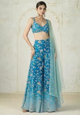 Sky Blue Sequin Silk Fusion Set