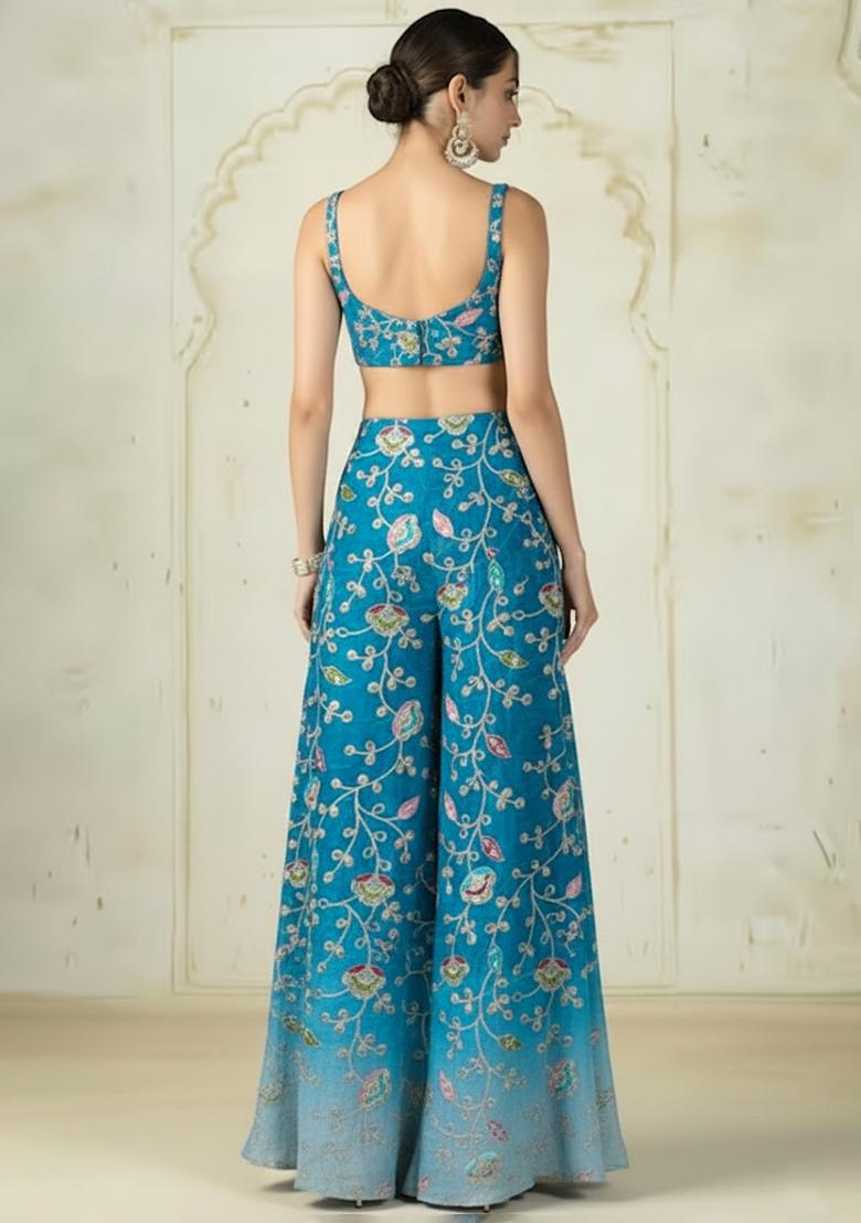Sky Blue Sequin Silk Fusion Set - Indya